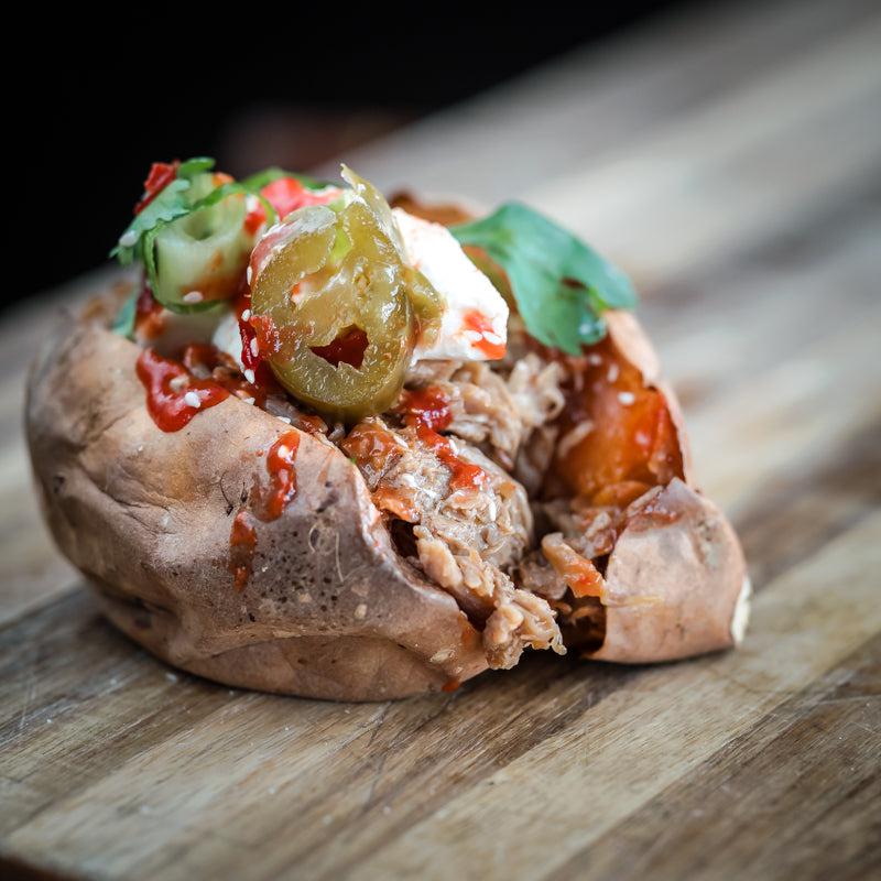 Bataat met Pittige Pulled Chicken - Low Carb - Suggestie-Bastiano Bonheiden